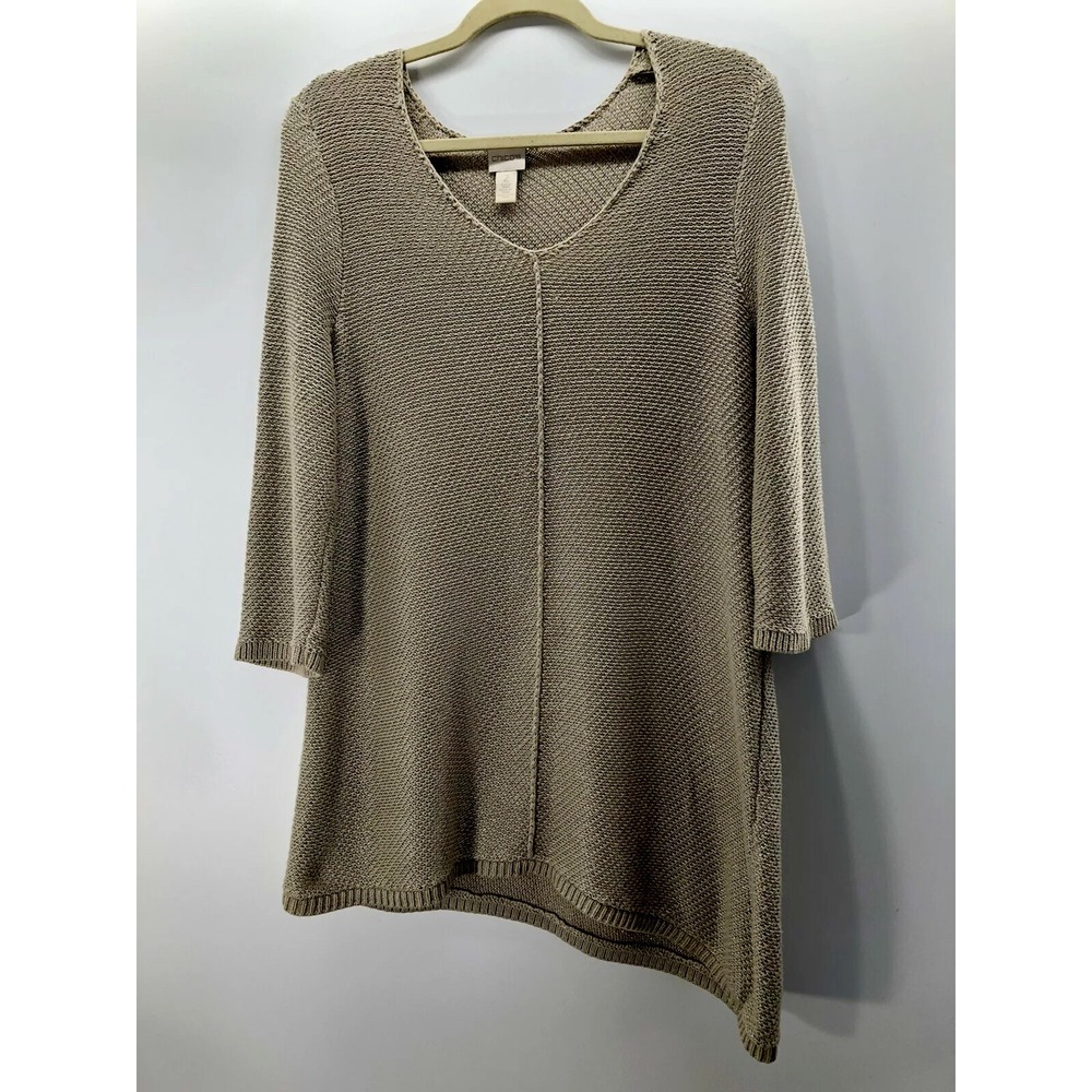 Chico's Metallic Knit Tunic Sweater Women's Size 2 Beige Silver 3/4 Sleeve Top